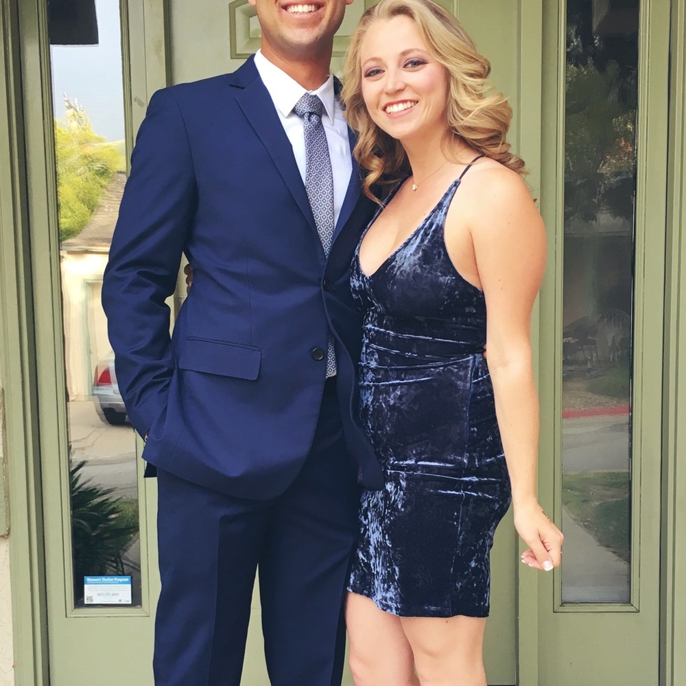 Beautiful blue velvet strappy-back dress